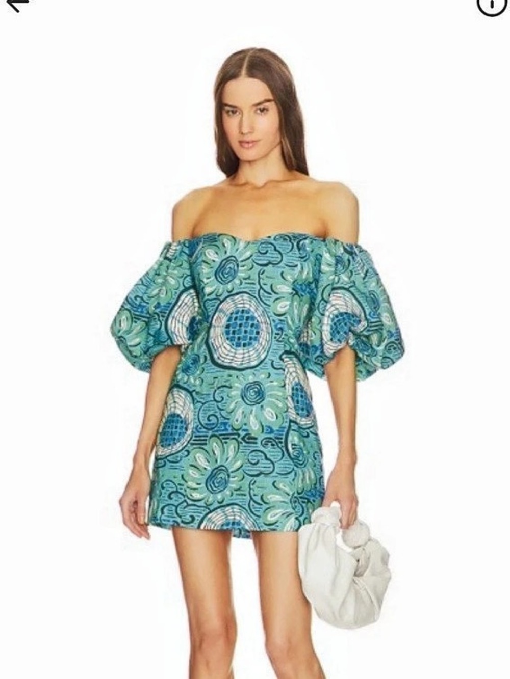 Off-Shoulder Paisley Mini Dress in Green & Blue Like New